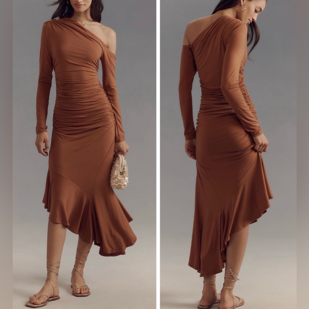 Anthropologie Long-Sleeve Off-The-Shoulder Asymmetric Slim Midi Dress, Size XS
